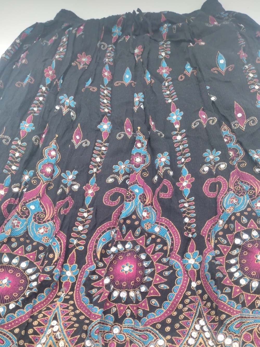 Black Bohemian Floral Maxi Skirt with Teal & Magenta Embellishment